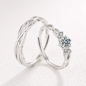 S925 sterling silver couple rings set with six-prong zircon and woven texture design