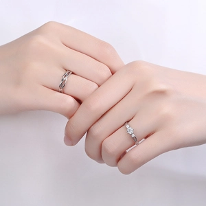 Minimalist S925 sterling silver couple rings with braided design and sparkling floral zircon