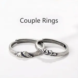 Bagues de Couple en Argent Sterling 925 Vintage Motif Relief Montagne Mer Bagues Ouvertes Ajustables Hommes Femmes Bijoux