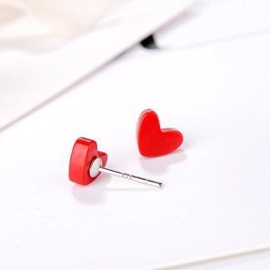 Minimalist S925 sterling silver small red heart stud earrings for women with enamel finish