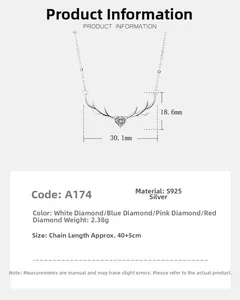 Detailed size specifications for S925 sterling silver reindeer heart pendant necklace