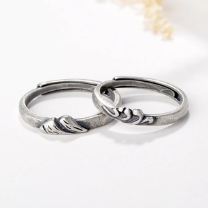 Bagues de couple en argent sterling S925 rétro avec motifs plume et nuage