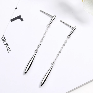 Elegant S925 sterling silver long tassel drop earrings with polished waterdrop pendants