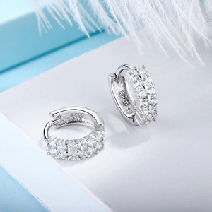 Elegant S925 sterling silver hoop earrings with double row diamonds and polished finish