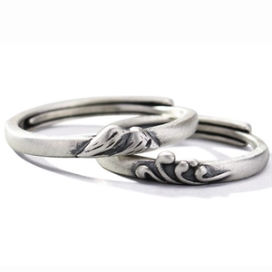 Bagues de couple vintage en argent S925 avec gravures de montagne et de vagues