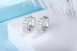Macro shot of S925 sterling silver hoop earrings with double-row white zircon stones