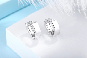Macro shot of double-row pavé zircon on polished s925 silver hoop earrings