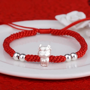 S999 Fine Silver 12 Zodiac Animal Pendant Hand Woven Red String Bracelet For Men Women New Year Gift Adjustable Jewelry