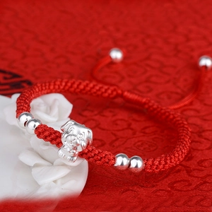 Handcrafted red woven rope bracelet with S999 silver cute dog zodiac charm and silver beads
