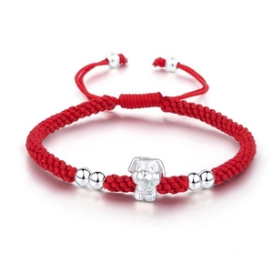 Handcrafted red woven zodiac bracelet with 3D silver dog charm and adjustable beads