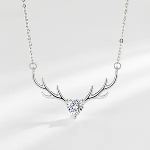 S925 Sterling Silver Deer Antler Heart Pendant Necklace For Women Zirconia Forest Style Elegant Jewelry Valentine Day Gift