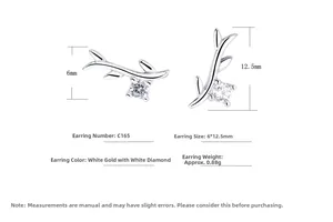 Detailed view of silver leaf stud earrings with white zircon, measuring 6x12.5mm and 0.88g