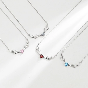 S925 sterling silver deer horn necklaces with heart-shaped gemstones in multiple colors