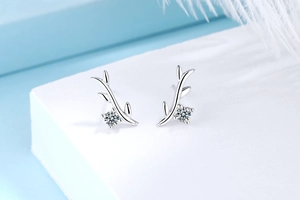 Macro shot of S925 sterling silver branch stud earrings with sparkling round zirconia