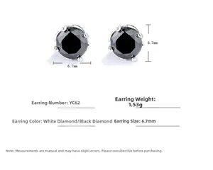 Detailed macro view of S925 silver 6.7mm black zircon stud earrings with size annotations