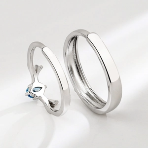 Anelli di coppia in argento S925 con corna di cervo e gemma a goccia blu lucida
