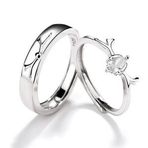 Anelli di coppia in argento sterling S925 con design a corna di cervo e zirconi