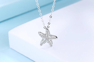 Gros plan du collier en argent avec pendentif étoile de mer serti de zircons brillants