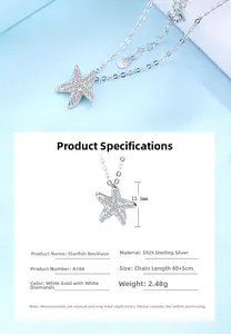 Détails du collier étoile de mer en argent S925 avec dimensions et caractéristiques