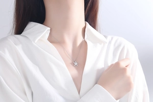 Vue rapprochée du collier étoile de mer en argent S925 serti de cristaux sur le cou