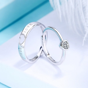 Bagues de Couple Cœur en Argent Sterling 925 pour Amoureux Ajustables Gravure Endless Love Strass Bagues Ouvertes