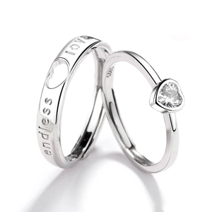 Bagues de couple en argent S925 poli avec zircon en cœur et gravure endless love