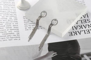 Macro detail of silver tassel earrings with crystal stud and star motif on clear block