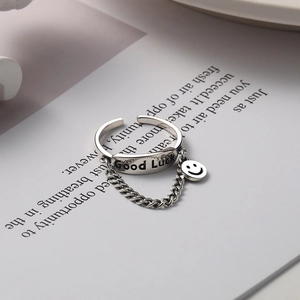 Minimalist 925 sterling silver Good Luck open ring with smiley face chain pendant