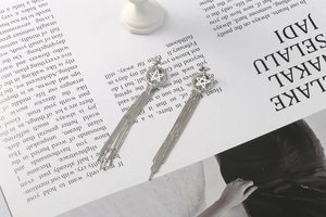 Detail of S925 silver star tassel earrings with delicate ball chains on magazine page