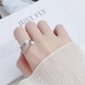 925 Sterling Silver Good Luck Smiley Face Chain Open Adjustable Ring Vintage Minimalist Geometric Finger Jewelry For Women