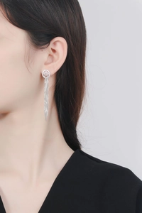 Detailed view of S925 silver hexagram star earrings with long tassels on model