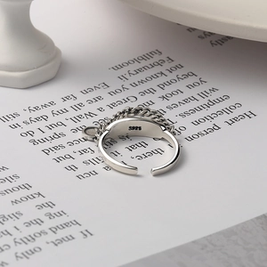 925 sterling silver geometric chain ring with small cartoon design and open adjustable band