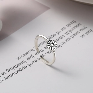 Vintage 925 Sterling Silver Adjustable Open Ring Women Antiqued Daisy Flower Cross Design Fashion Jewelry Hand Accessory