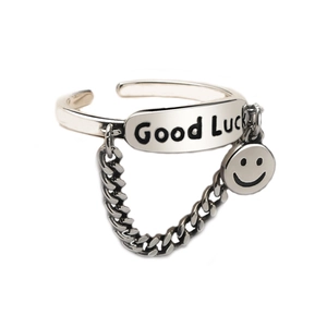 925 silver geometric open ring with Good Luck plaque and hanging smiley face charm