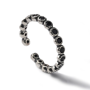 Vintage S925 sterling silver adjustable open ring with black zircon stones in retro design