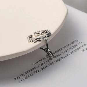 Vintage s925 silver bunny pendant ring with cuban link chain and distressed finish style