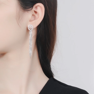 925 Sterling Silver Star Tassel Drop Earrings For Women Elegant Geometric Rhinestone Dangle Earrings Long Fashion Jewelry Gift