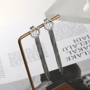S925 sterling silver hexagram star tassel earrings with white cubic zirconia hanging