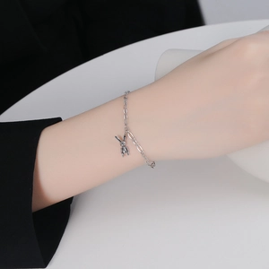 Bracelet chaîne en argent sterling S925 avec pendentif lapin mécanique au style vintage