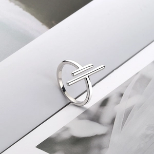 Minimalist S925 sterling silver open ring with vintage geometric double bar design