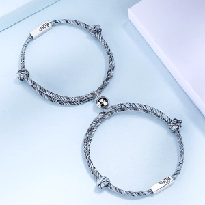Pulsera Trenzada de Doble Felicidad China de Plata de Ley 925 para Parejas Cierre Magnético Pulsera de Cuerda Hecha a Mano Ajustable Joyería Unisex Regalo