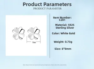 Detailed specifications of S925 sterling silver four-leaf clover stud earrings in platinum color