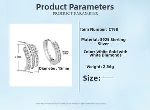 Detailed dimensions of S925 sterling silver huggie earrings with CZ stones
