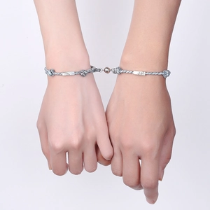 Matching braided couple bracelets with magnetic ball clasp and textured metal charms