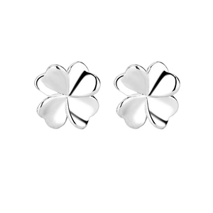 Polished S925 sterling silver four-leaf clover stud earrings with heart-shaped petals