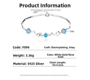 Detail of S925 silver dolphin bracelet with blue gems and bamboo chain dimensions