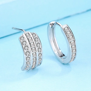925 Sterling Silver Hoop Earrings With Rows Of Clear Zirconia Stones Elegant Geometric Fashion Earring For Women Jewelry