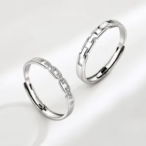 S925 Sterling Silver Couple Rings Adjustable Interlocking Chain Link Zirconia Matching Rings For Men Women Minimalist Anniversary Jewelry Gift