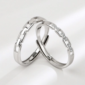 Minimalist sterling silver interlocking chain couple rings with adjustable open band
