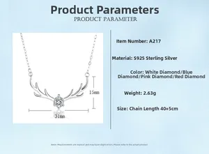 Detail view of S925 sterling silver reindeer necklace with crystal and dimensions